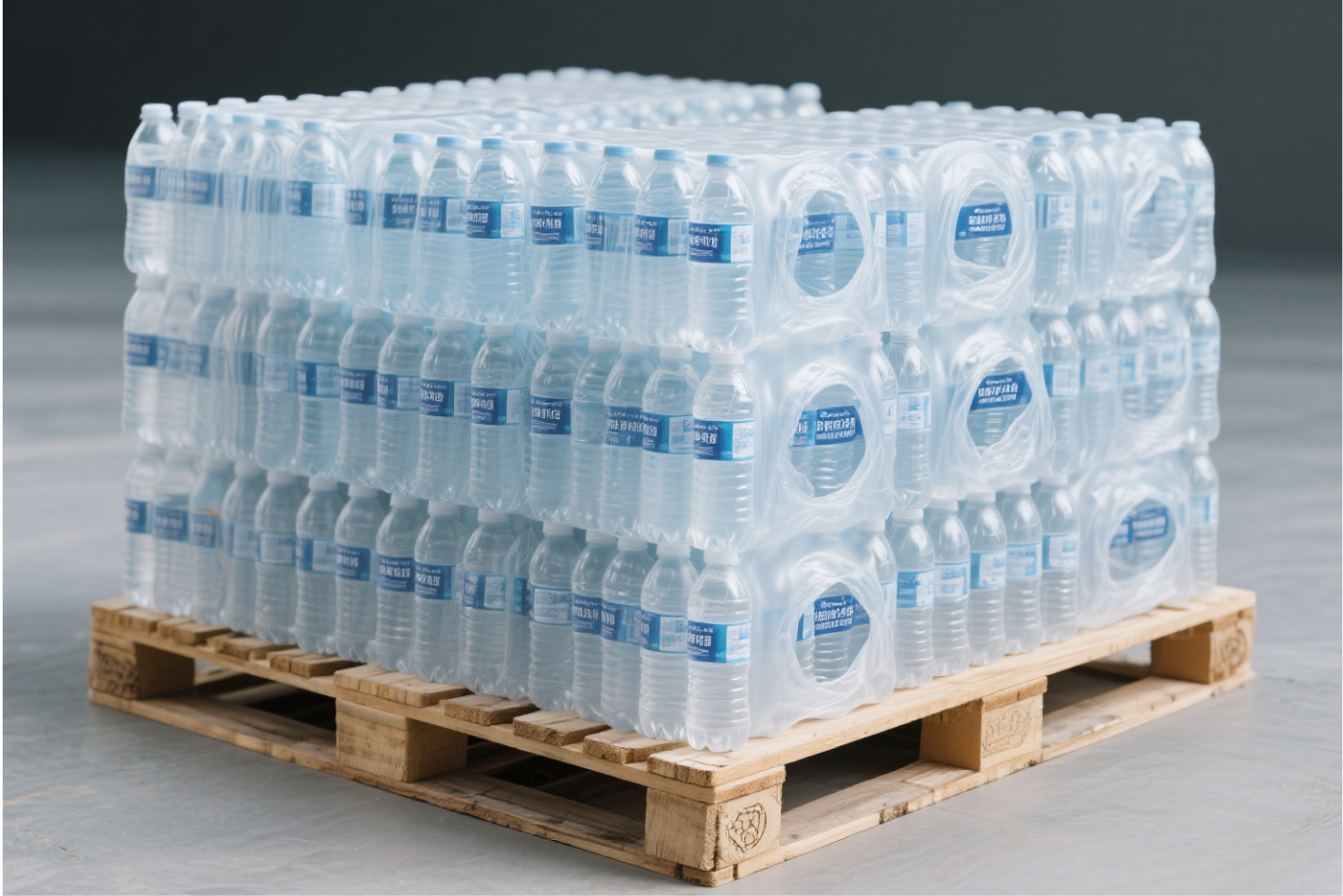 shrink-wrapped water palletizing